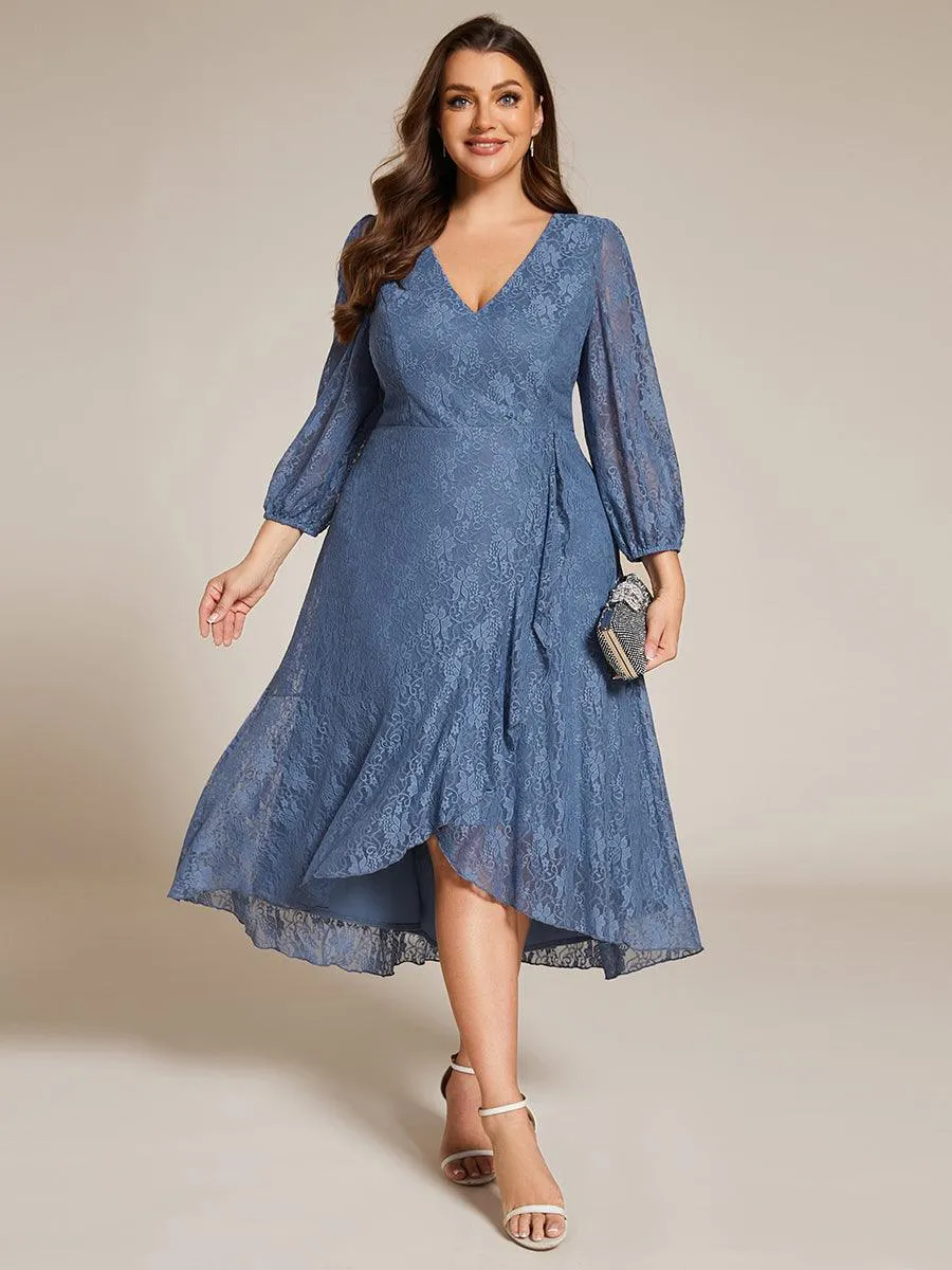 Robe d'invité de mariage à manches longues et col en V en dentelle de grande taille