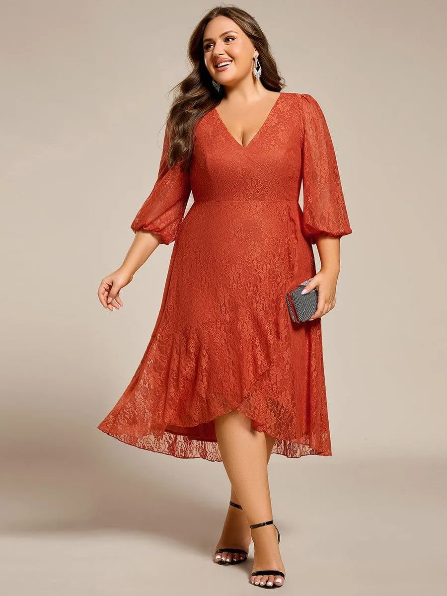 Robe d'invité de mariage à manches longues et col en V en dentelle de grande taille