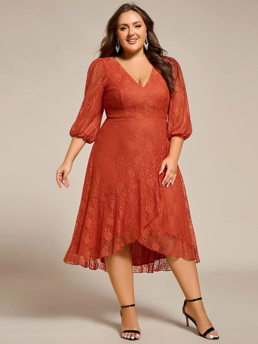 Robe d'invité de mariage à manches longues et col en V en dentelle de grande taille