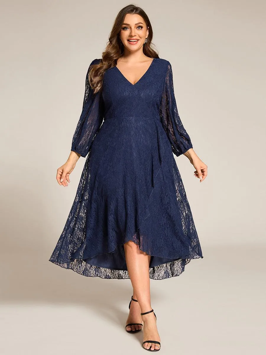 Robe d'invité de mariage à manches longues et col en V en dentelle de grande taille
