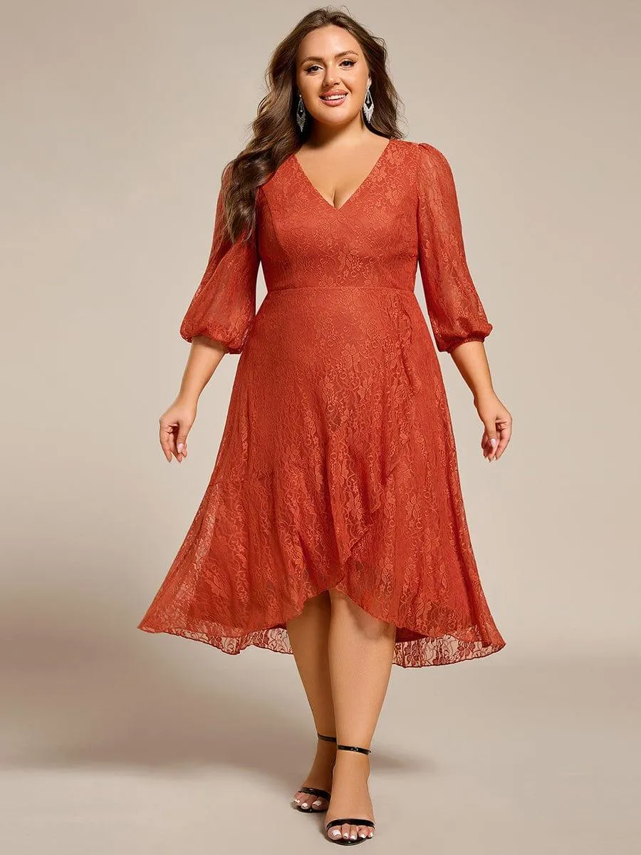 Robe d'invité de mariage à manches longues et col en V en dentelle de grande taille