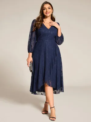 Robe d'invité de mariage à manches longues et col en V en dentelle de grande taille