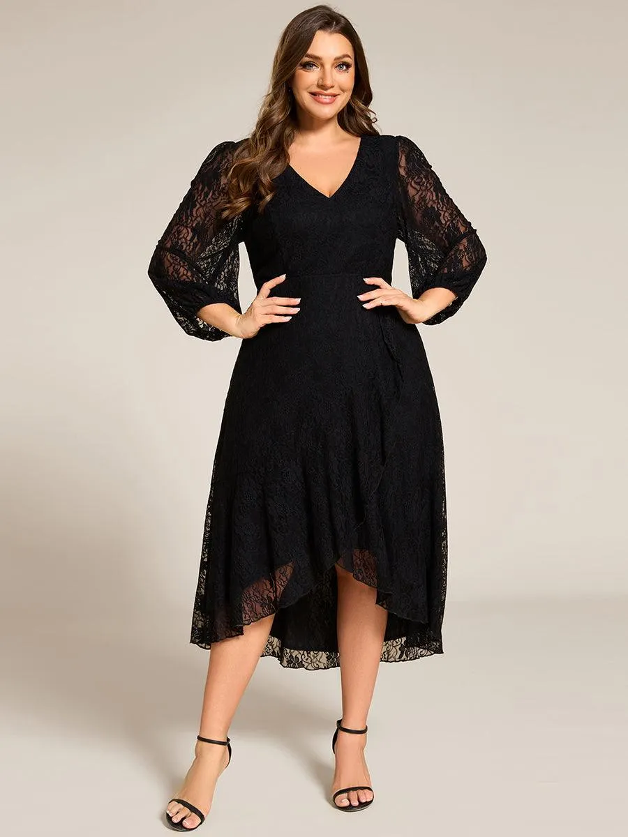 Robe d'invité de mariage à manches longues et col en V en dentelle de grande taille