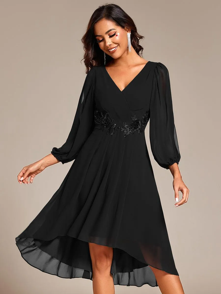 Robe d'invitée de mariage en mousseline de soie à manches longues et taille trapèze