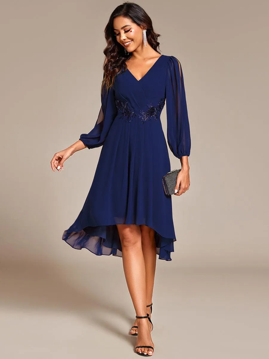 Robe d'invitée de mariage en mousseline de soie à manches longues et taille trapèze