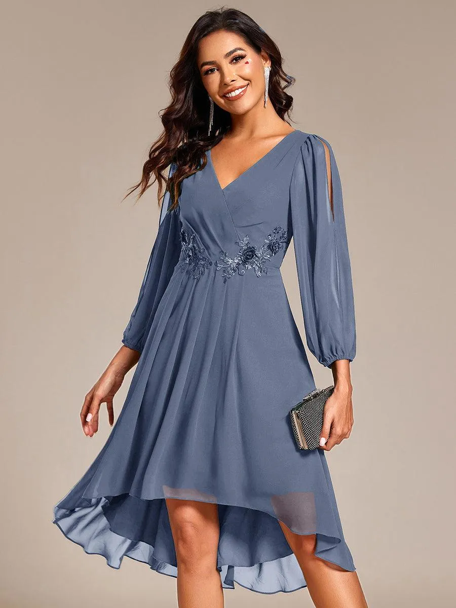 Robe d'invitée de mariage en mousseline de soie à manches longues et taille trapèze