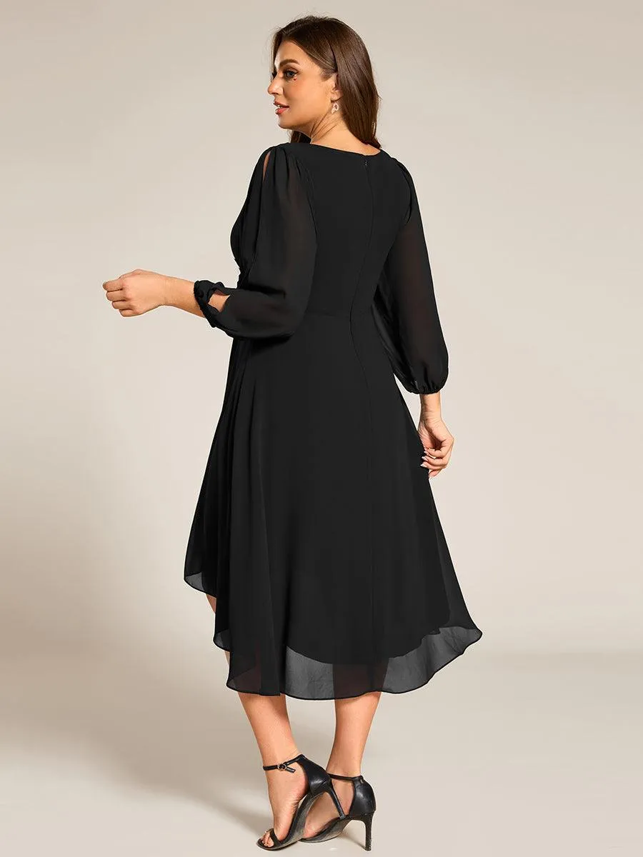 Robe d'invitée de mariage en mousseline de soie à manches longues et taille trapèze