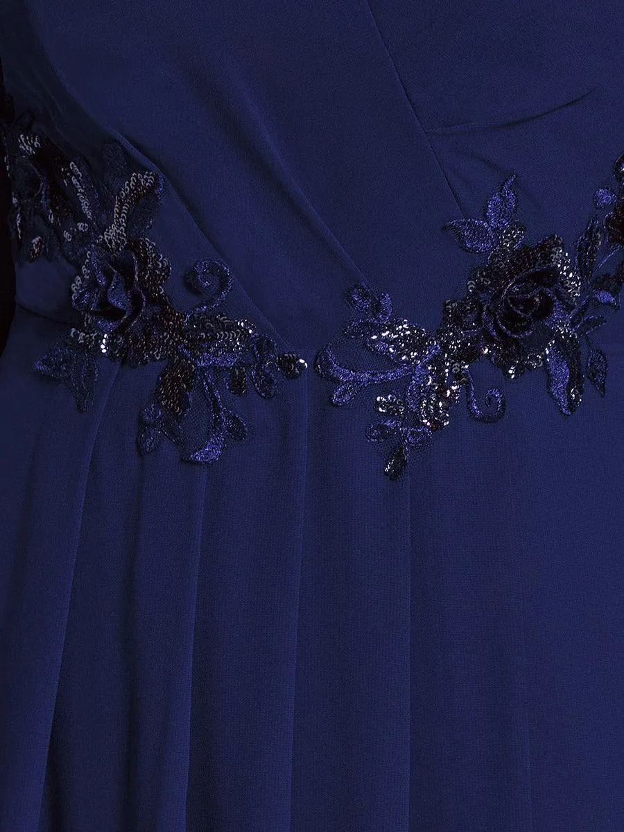 Robe d'invitée de mariage en mousseline de soie à manches longues et taille trapèze