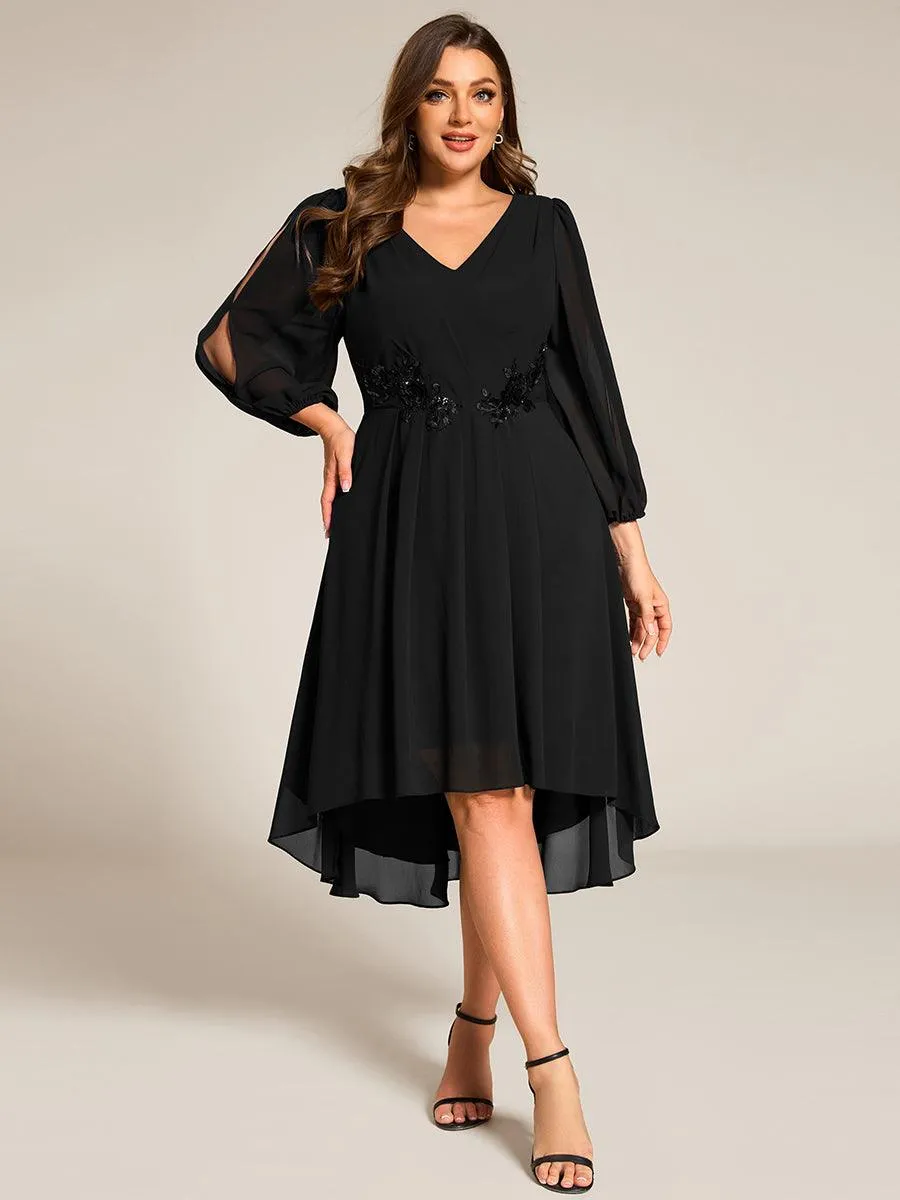 Robe d'invitée de mariage en mousseline de soie à manches longues et taille trapèze