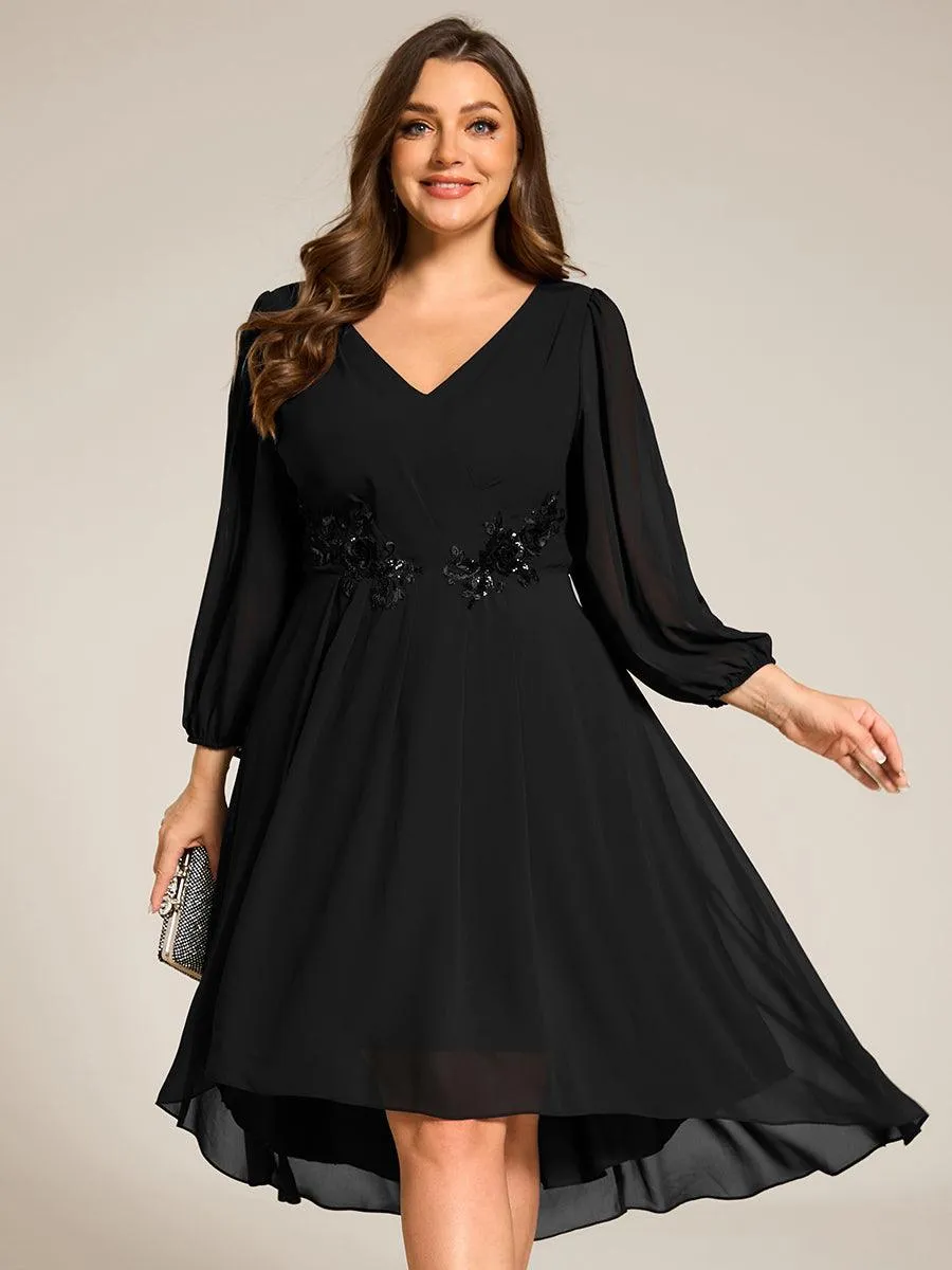 Robe d'invitée de mariage en mousseline de soie à manches longues et taille trapèze