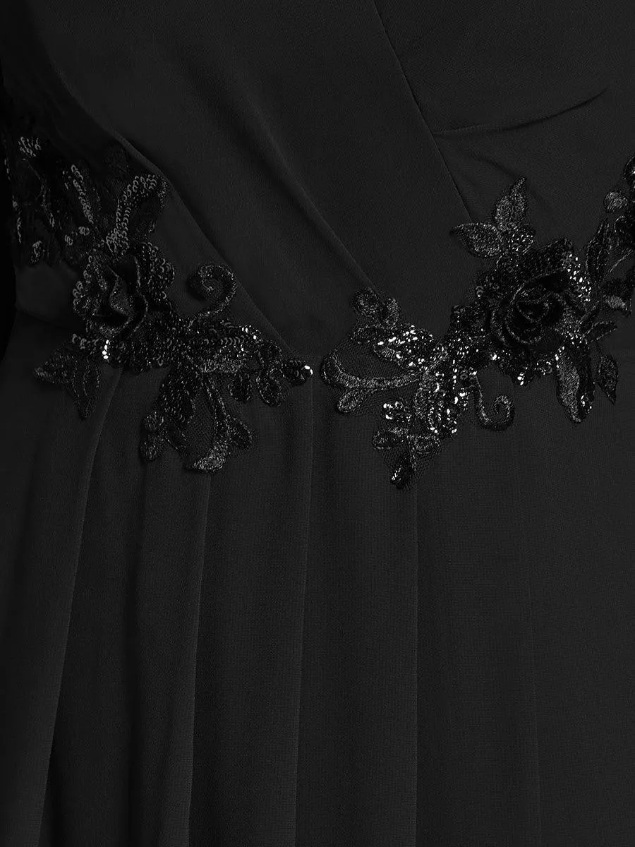 Robe d'invitée de mariage en mousseline de soie à manches longues et taille trapèze