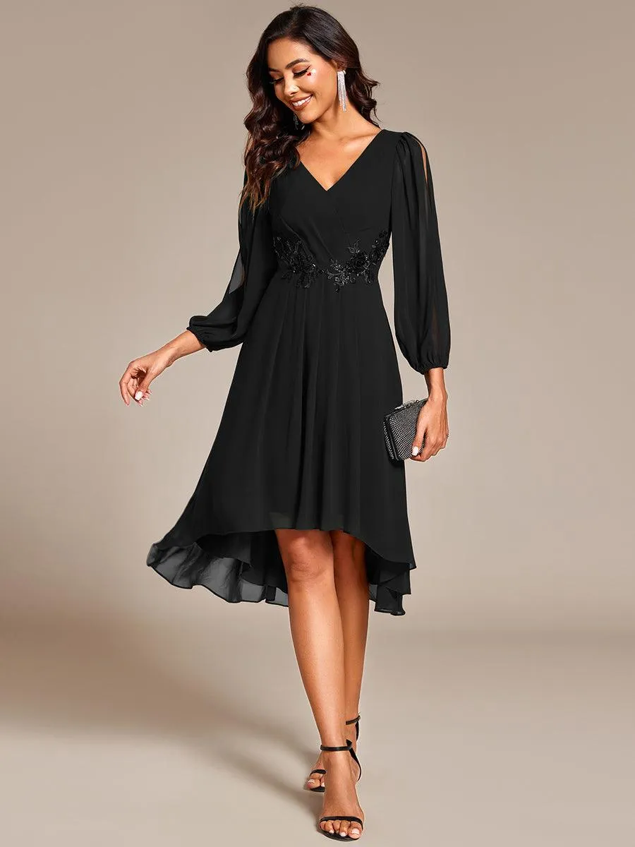 Robe d'invitée de mariage en mousseline de soie à manches longues et taille trapèze