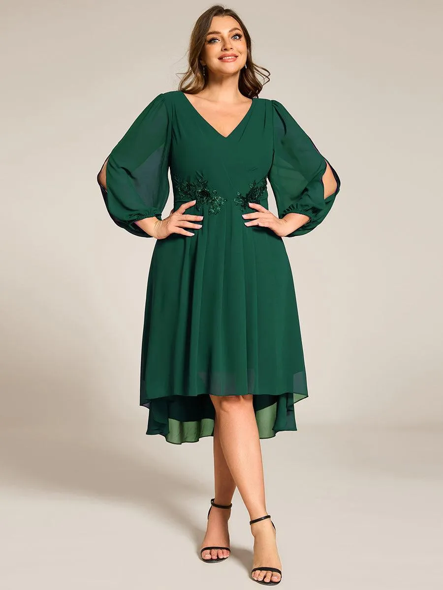 Robe d'invitée de mariage en mousseline de soie à manches longues et taille trapèze
