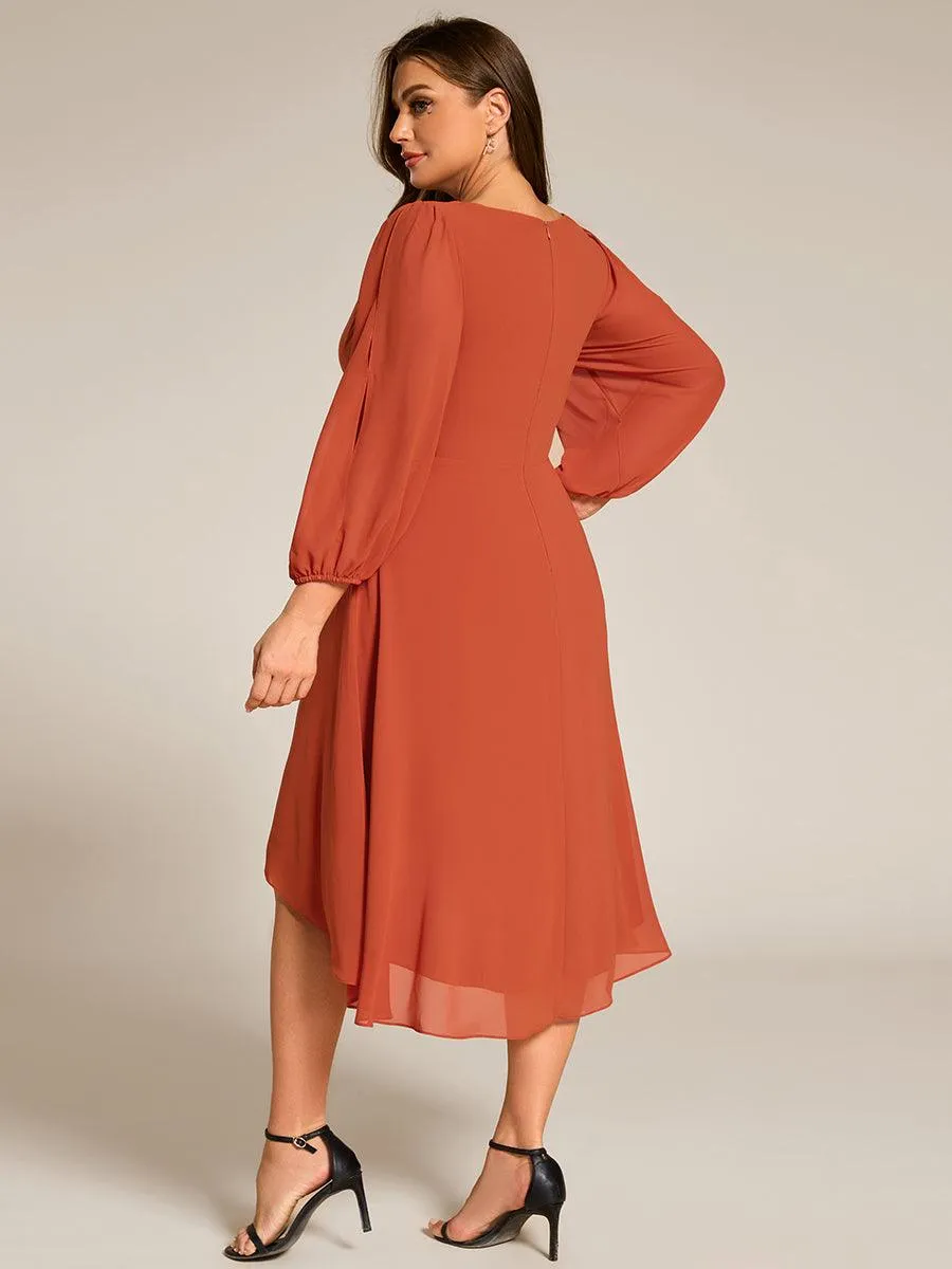 Robe d'invitée de mariage en mousseline de soie à manches longues et taille trapèze