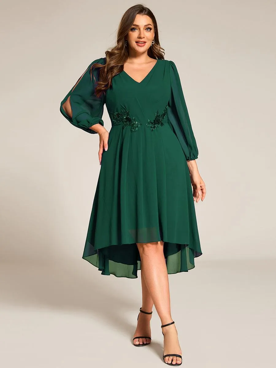 Robe d'invitée de mariage en mousseline de soie à manches longues et taille trapèze