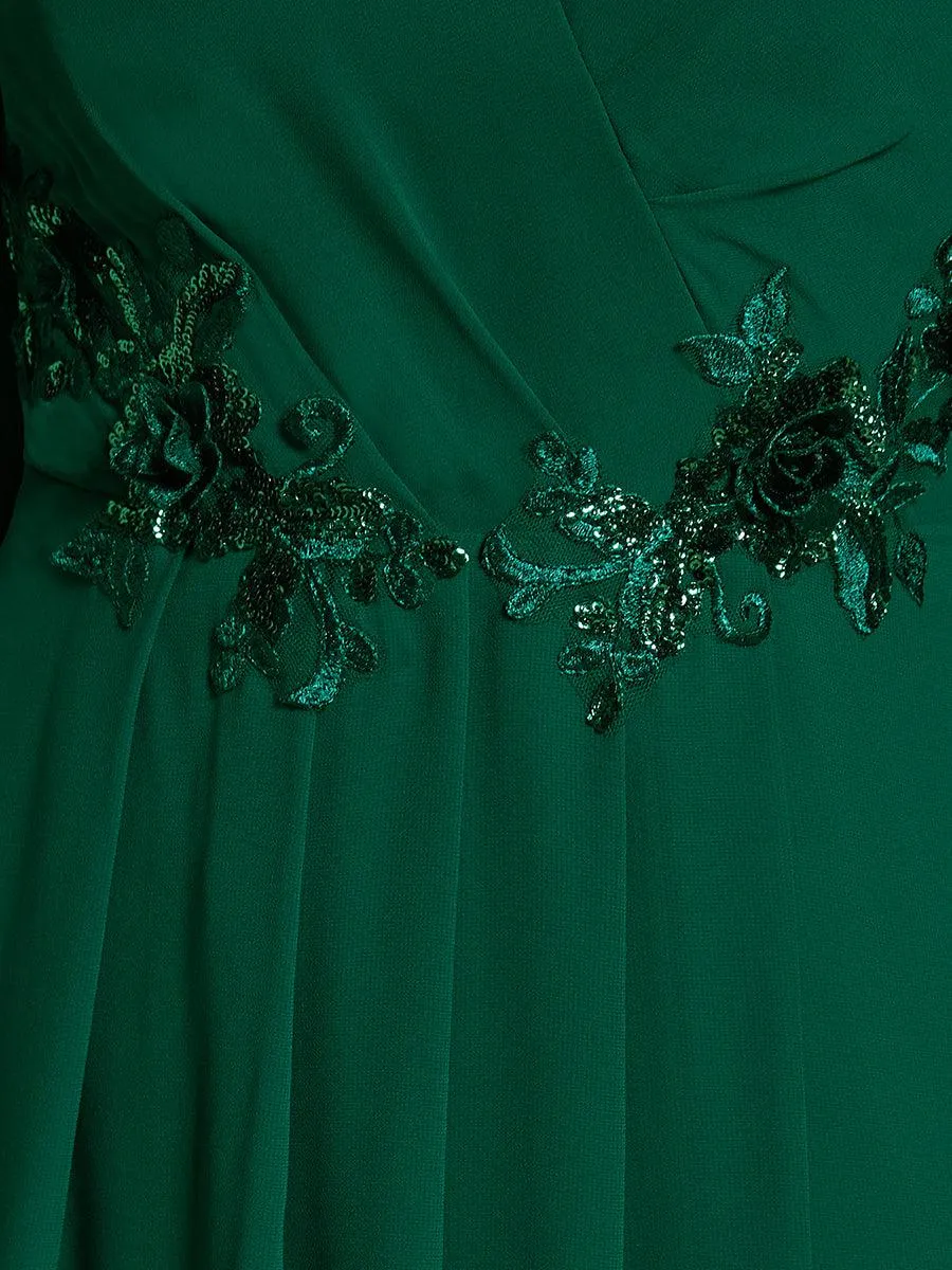 Robe d'invitée de mariage en mousseline de soie à manches longues et taille trapèze