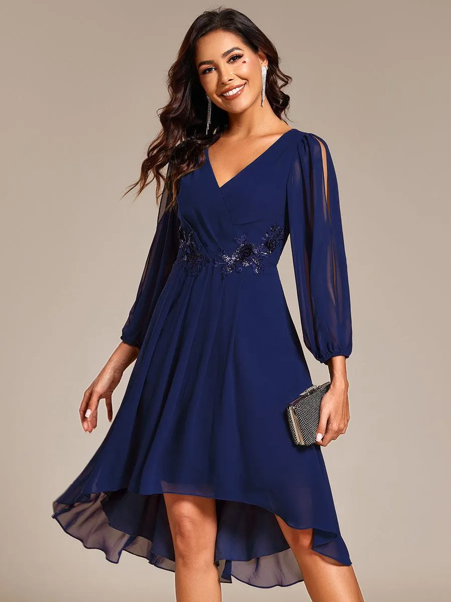 Robe d'invitée de mariage en mousseline de soie à manches longues et taille trapèze