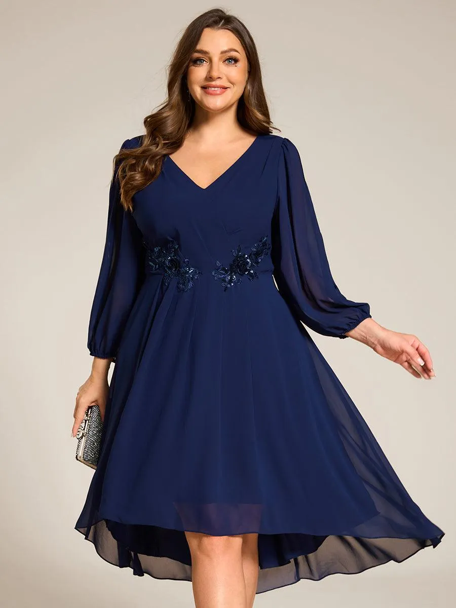 Robe d'invitée de mariage en mousseline de soie à manches longues et taille trapèze