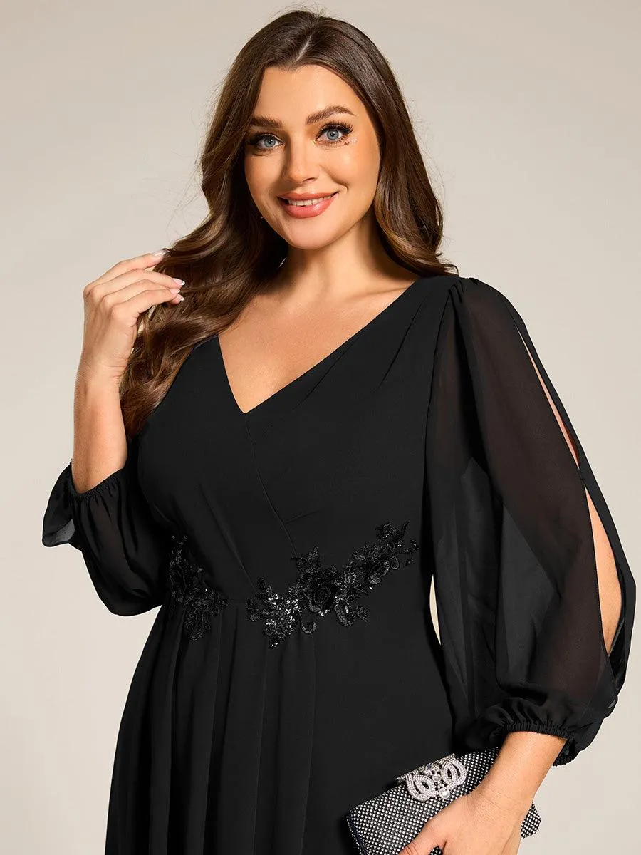 Robe d'invitée de mariage en mousseline de soie à manches longues et taille trapèze