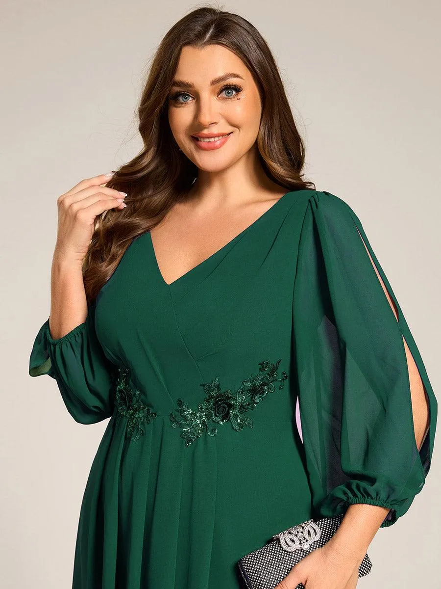 Robe d'invitée de mariage en mousseline de soie à manches longues et taille trapèze
