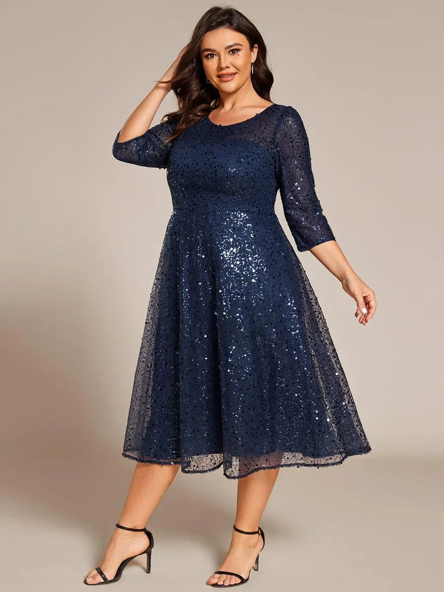 Robe d'invitée de mariage à manches 3/4 et col rond en sequins