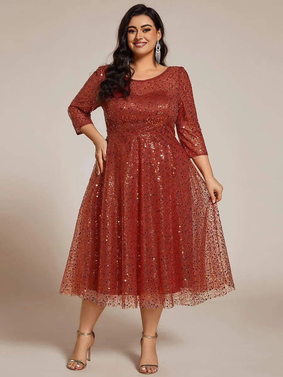 Robe d'invitée de mariage à manches 3/4 et col rond en sequins