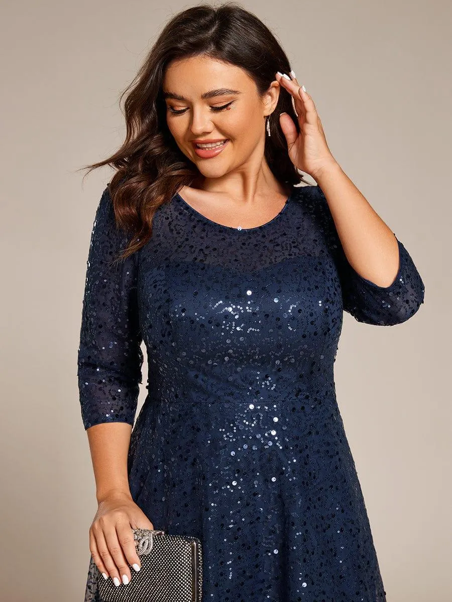Robe d'invitée de mariage à manches 3/4 et col rond en sequins