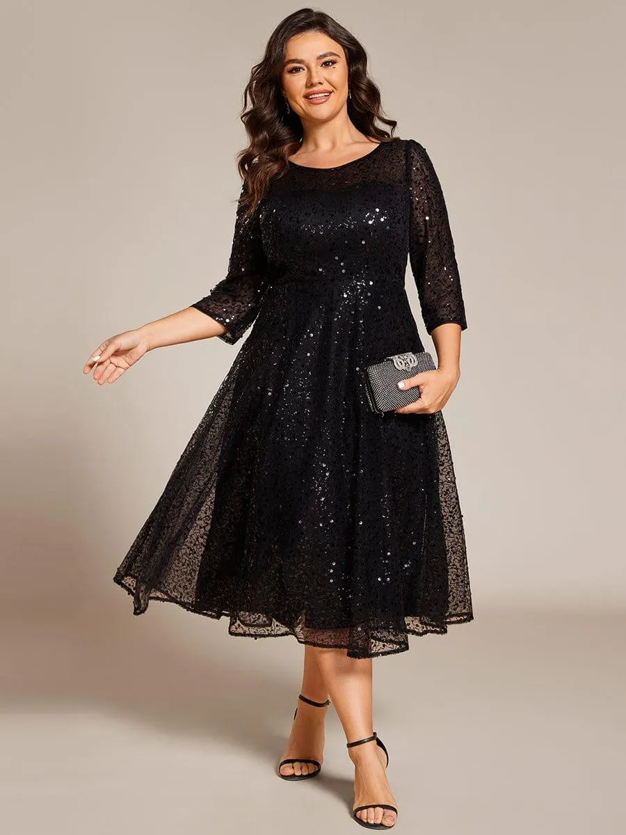 Robe d'invitée de mariage à manches 3/4 et col rond en sequins