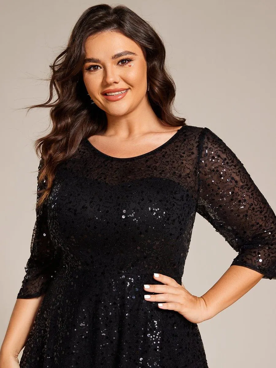 Robe d'invitée de mariage à manches 3/4 et col rond en sequins