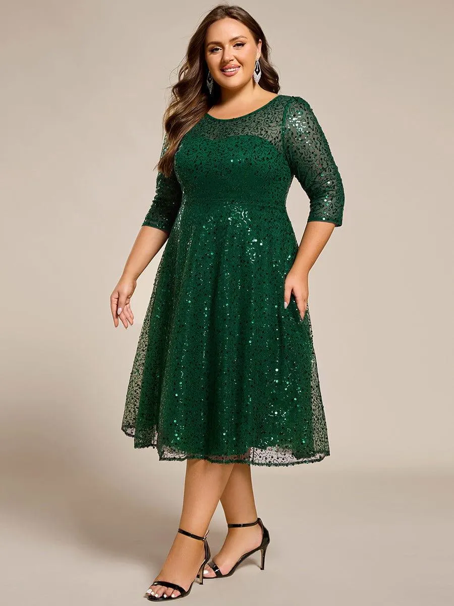 Robe d'invitée de mariage à manches 3/4 et col rond en sequins