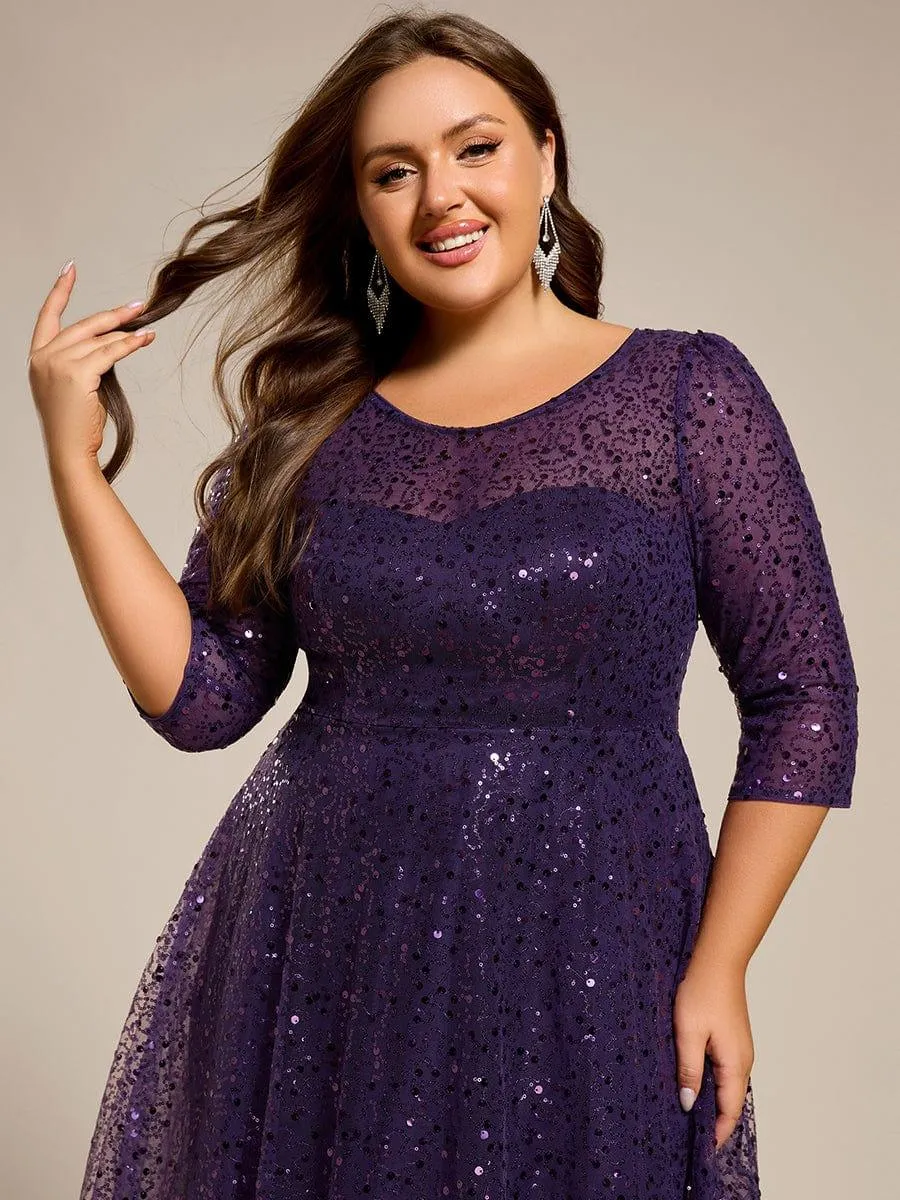 Robe d'invitée de mariage à manches 3/4 et col rond en sequins