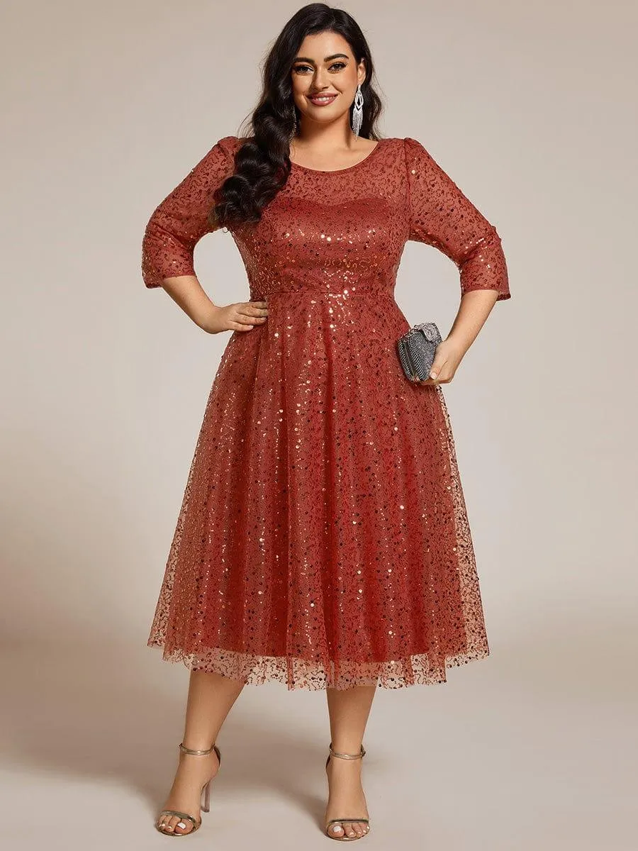Robe d'invitée de mariage à manches 3/4 et col rond en sequins
