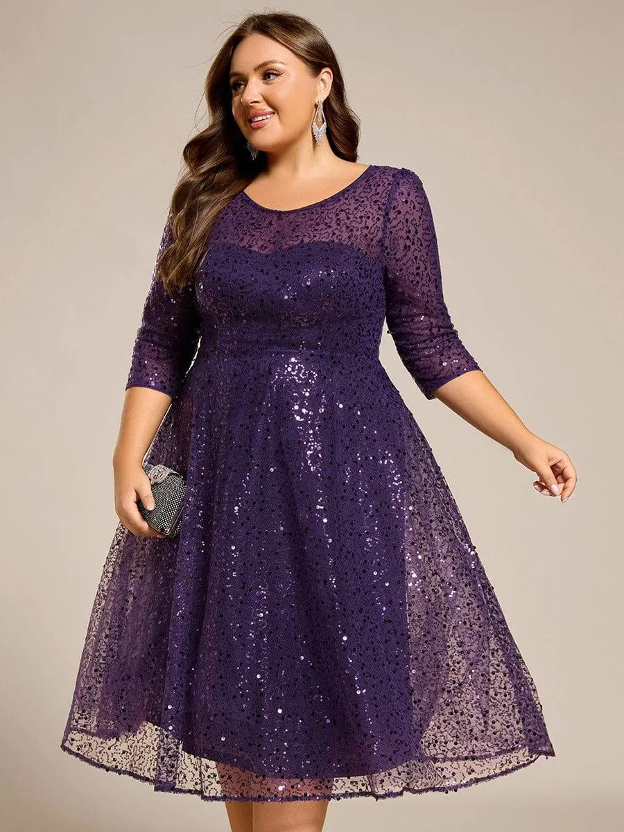Robe d'invitée de mariage à manches 3/4 et col rond en sequins