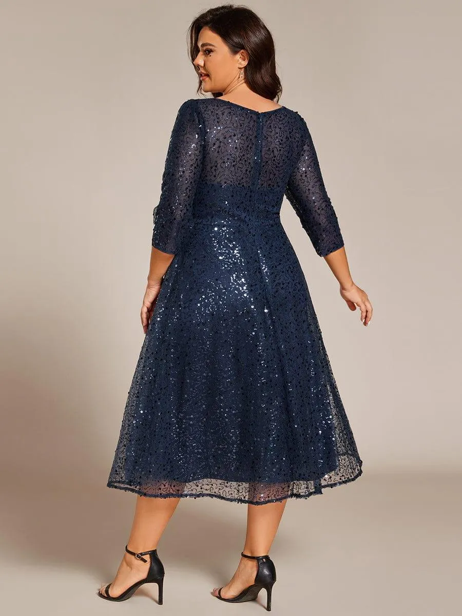 Robe d'invitée de mariage à manches 3/4 et col rond en sequins