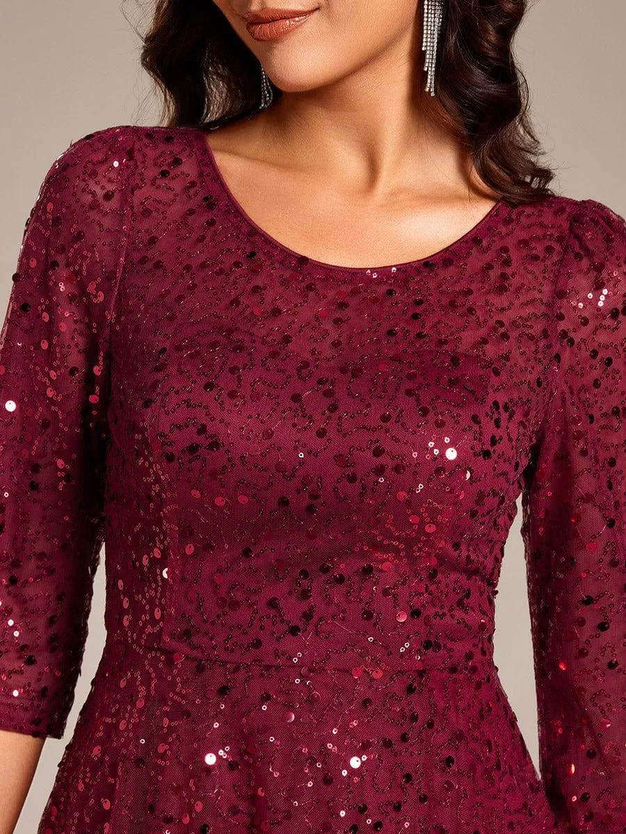 Robe d'invitée de mariage à manches 3/4 et col rond en sequins
