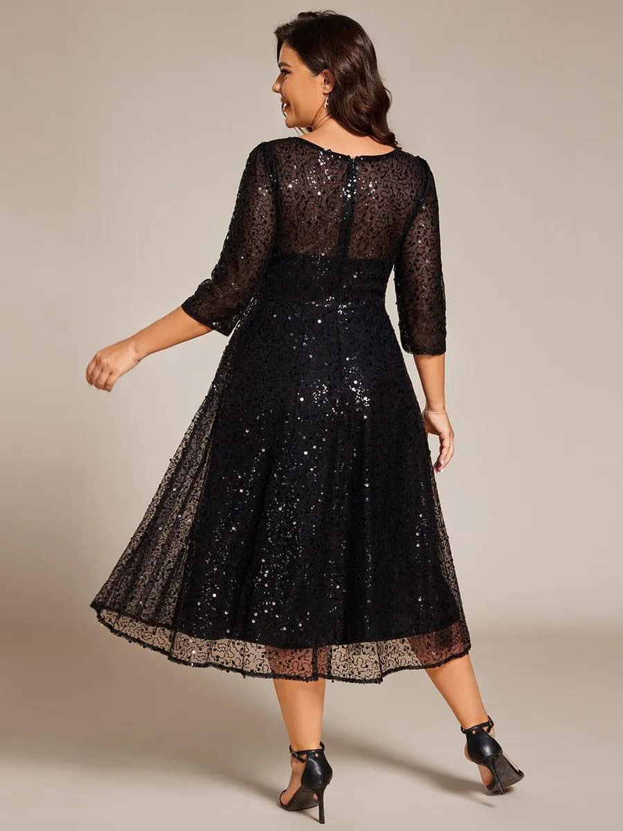 Robe d'invitée de mariage à manches 3/4 et col rond en sequins