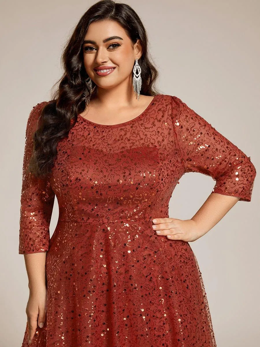 Robe d'invitée de mariage à manches 3/4 et col rond en sequins