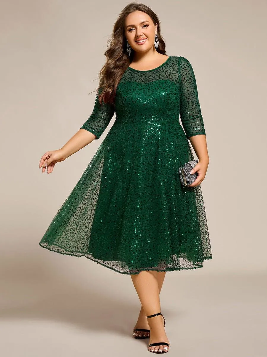 Robe d'invitée de mariage à manches 3/4 et col rond en sequins