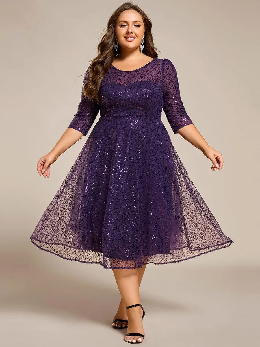 Robe d'invitée de mariage à manches 3/4 et col rond en sequins