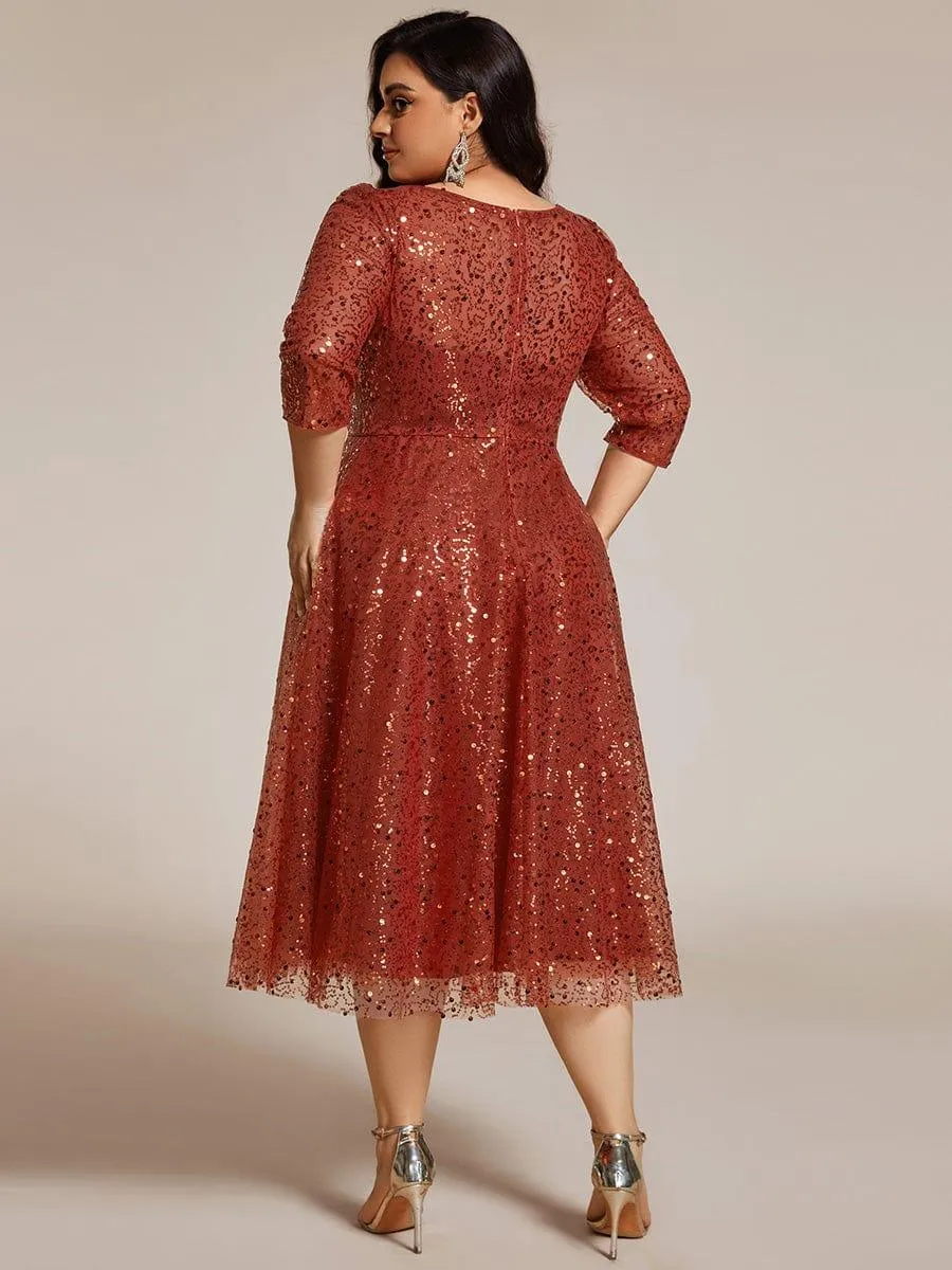Robe d'invitée de mariage à manches 3/4 et col rond en sequins