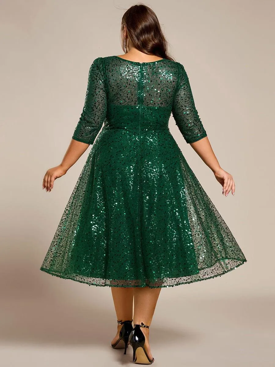 Robe d'invitée de mariage à manches 3/4 et col rond en sequins