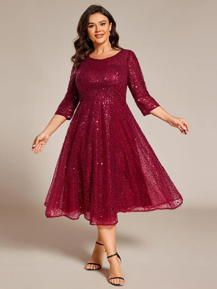 Robe d'invitée de mariage à manches 3/4 et col rond en sequins