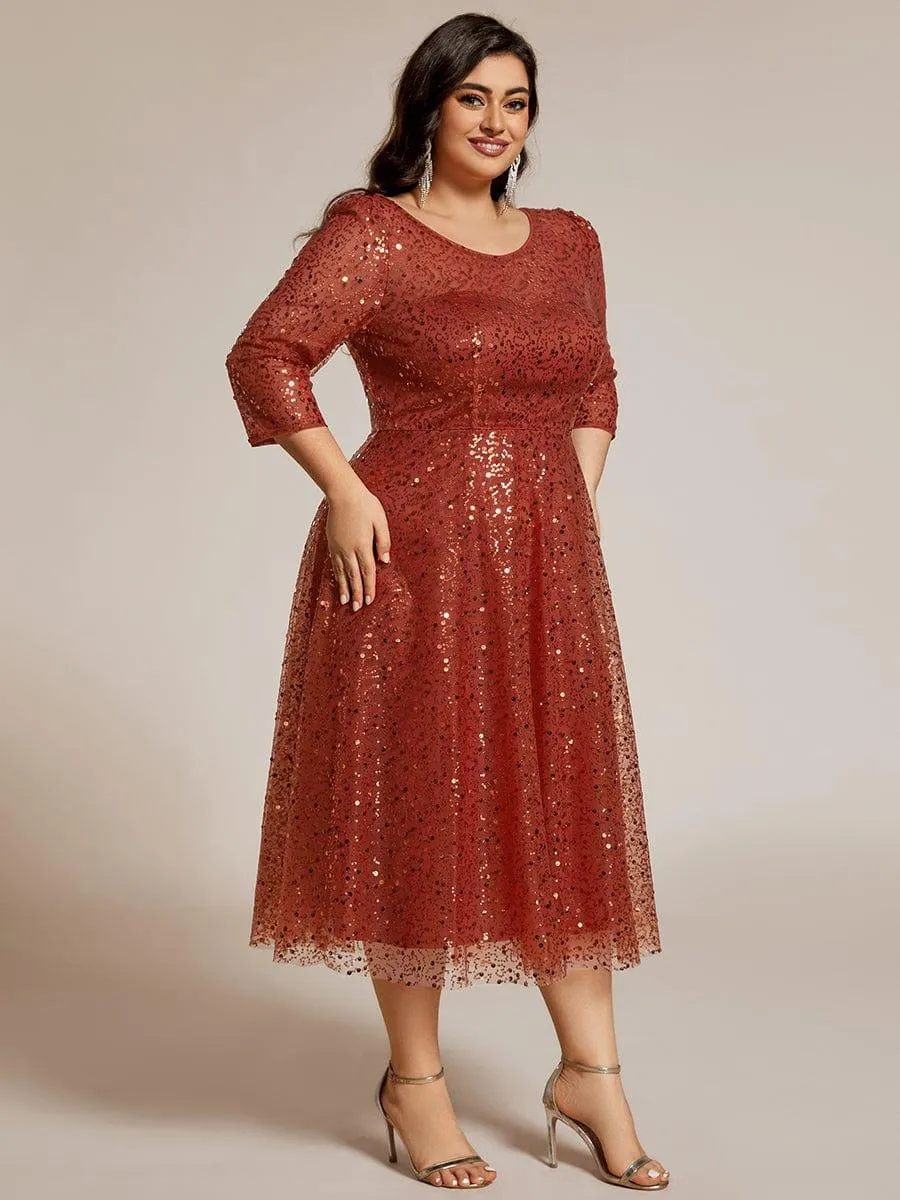 Robe d'invitée de mariage à manches 3/4 et col rond en sequins