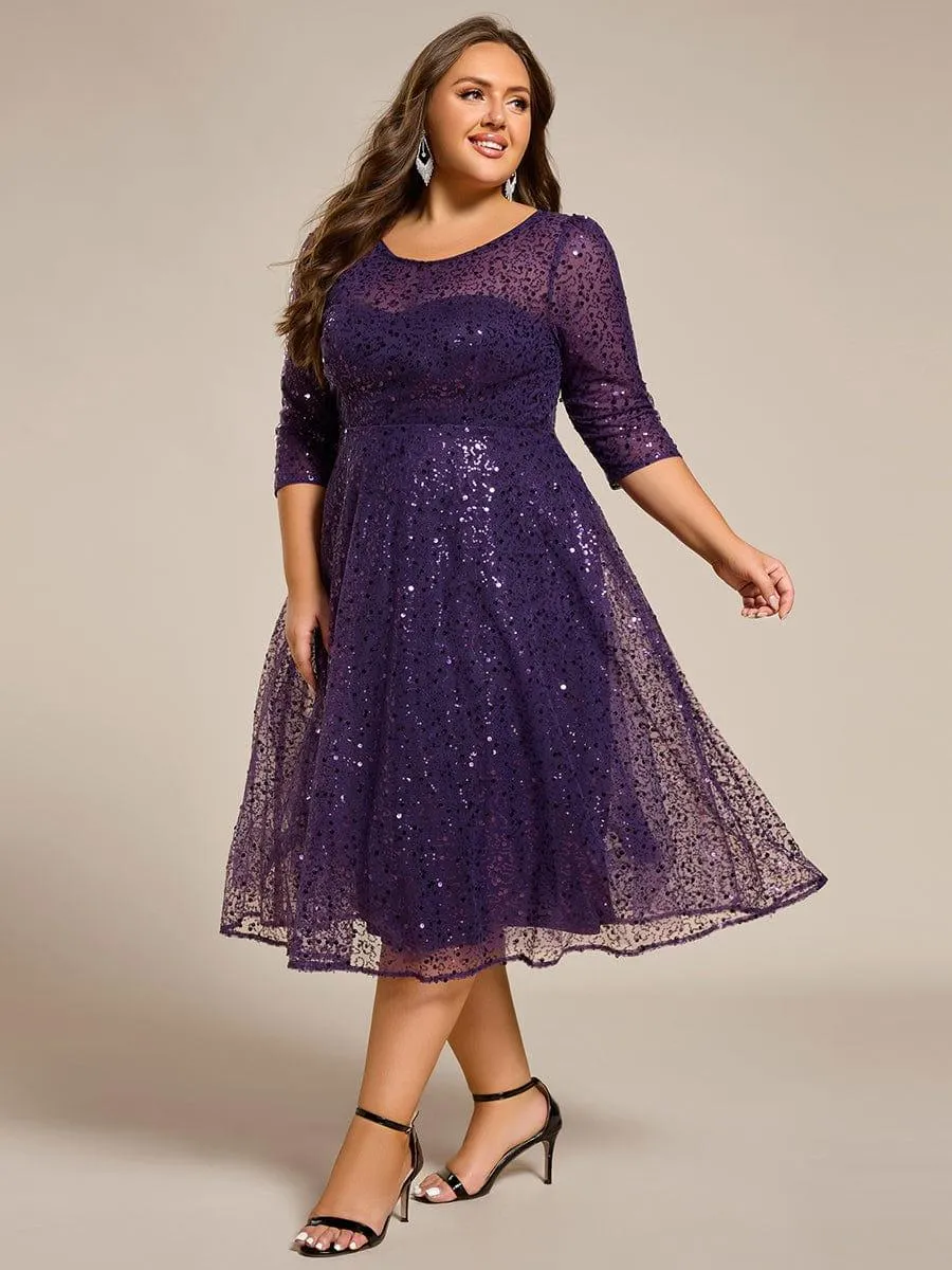 Robe d'invitée de mariage à manches 3/4 et col rond en sequins