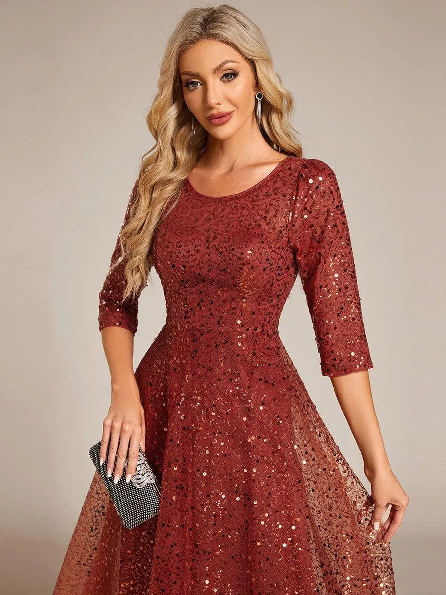 Robe d'invitée de mariage à manches 3/4 et col rond en sequins