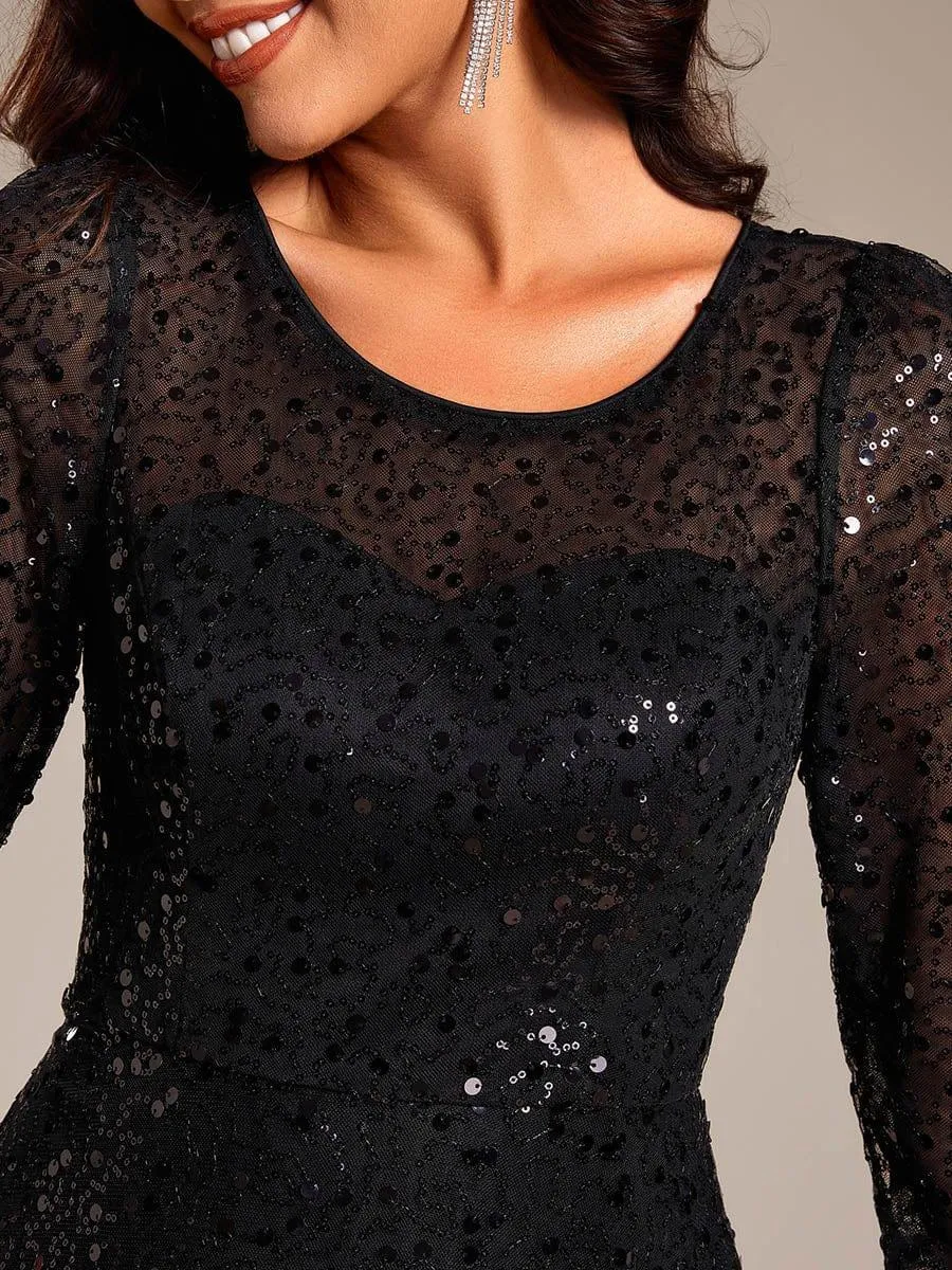 Robe d'invitée de mariage à manches 3/4 et col rond en sequins