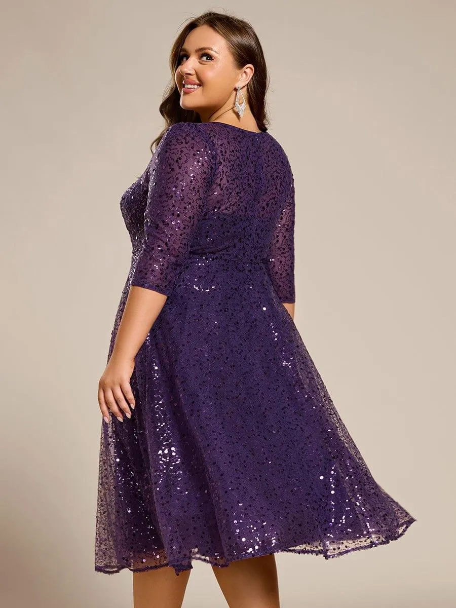 Robe d'invitée de mariage à manches 3/4 et col rond en sequins