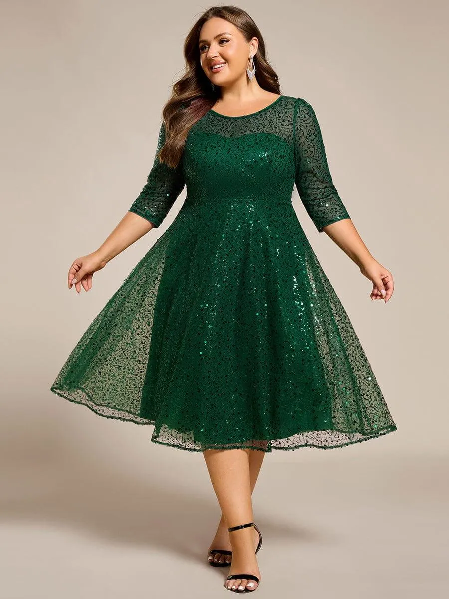 Robe d'invitée de mariage à manches 3/4 et col rond en sequins