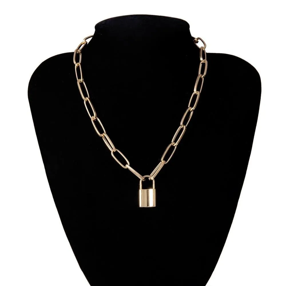 Rock Lock Necklace Layered Chain With Lock