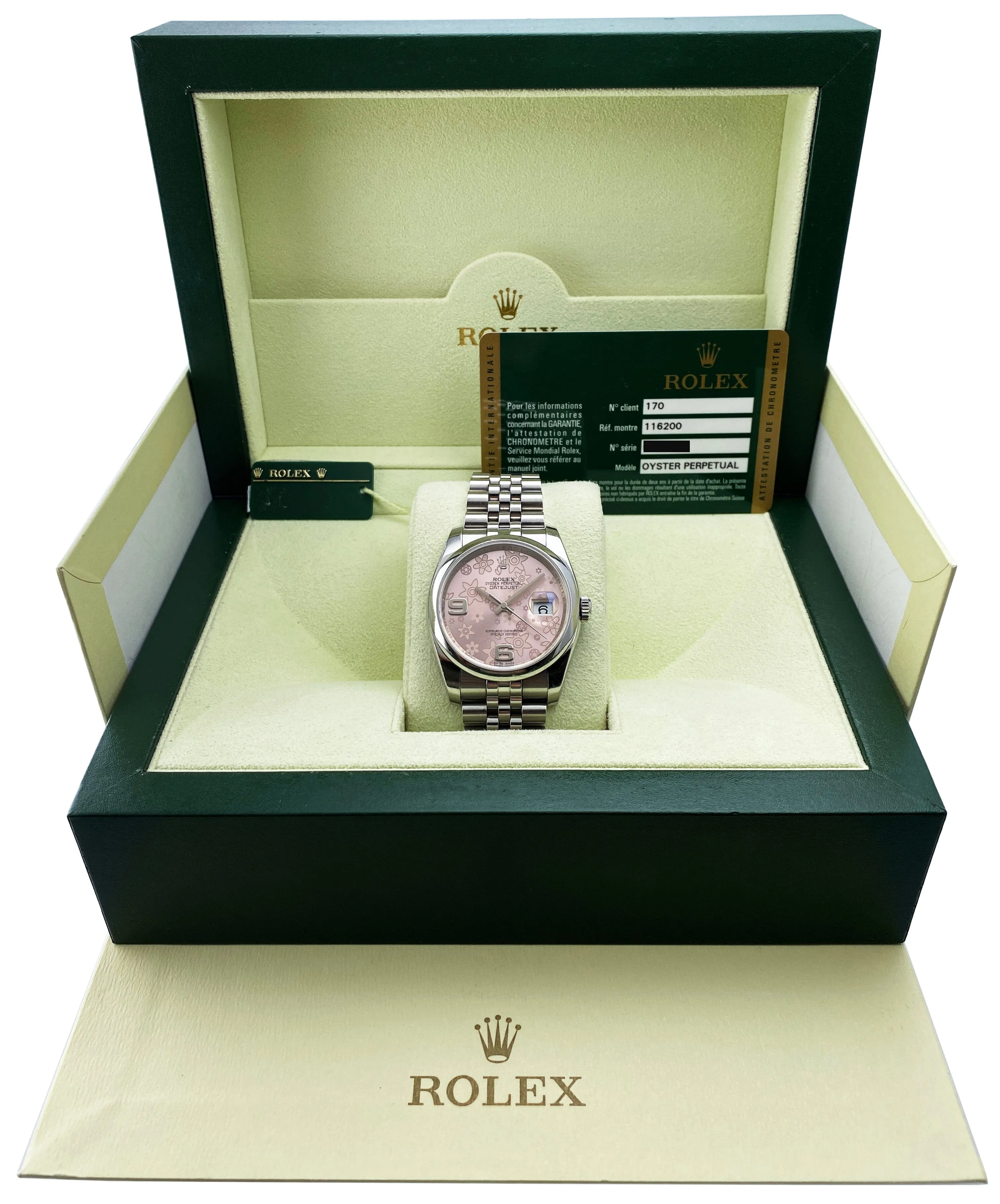 Rolex Datejust 116200 Pink Floral Dial Ladies Watch Box Papers
